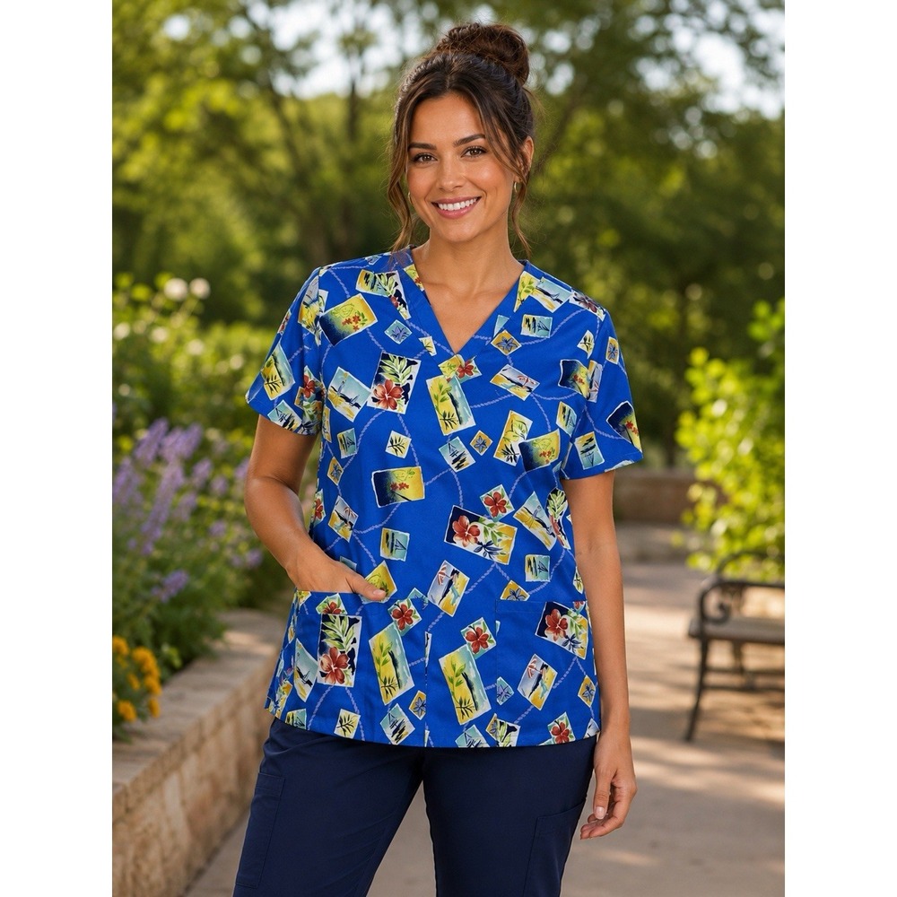 Fashion Scrubs Womens XS Blue Tropical Beach Postcard Print V-Neck Scrub Top